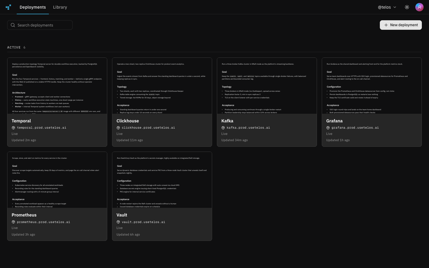 Telos deployments dashboard with live services
