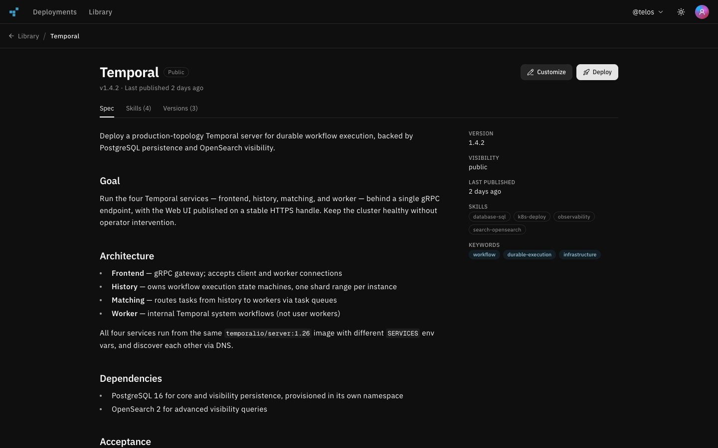 Telos Goal Specification for a Temporal service